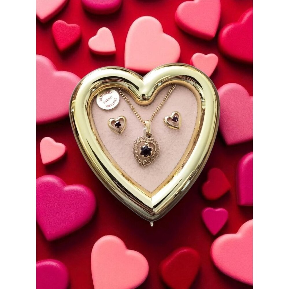 Girls Heart Imitation Garnet Necklace Earrings set January Birthstone Gift Frame
